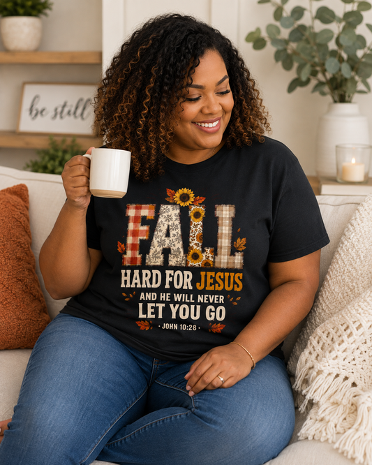 Fall Hard for Jesus Tee — Faith-Based Autumn Christian Shirt with Sunflowers & Scripture