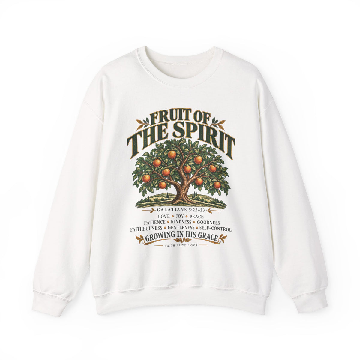 Fruit of the Spirit Crewneck Sweatshirt — Christian Faith Tree Graphic