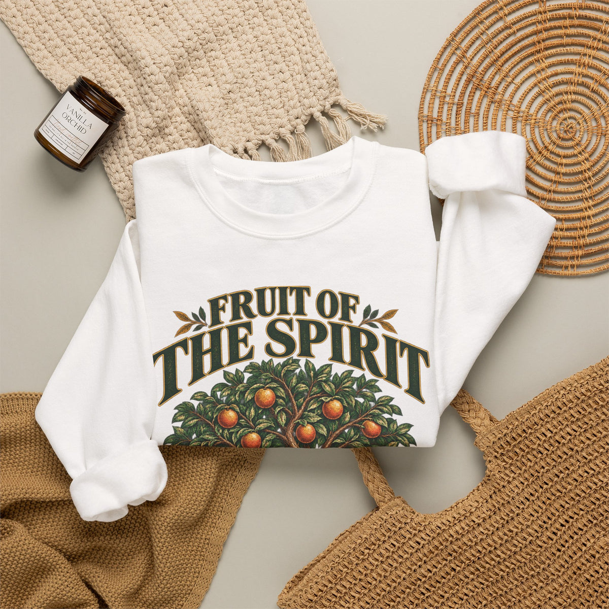 Fruit of the Spirit Crewneck Sweatshirt — Christian Faith Tree Graphic