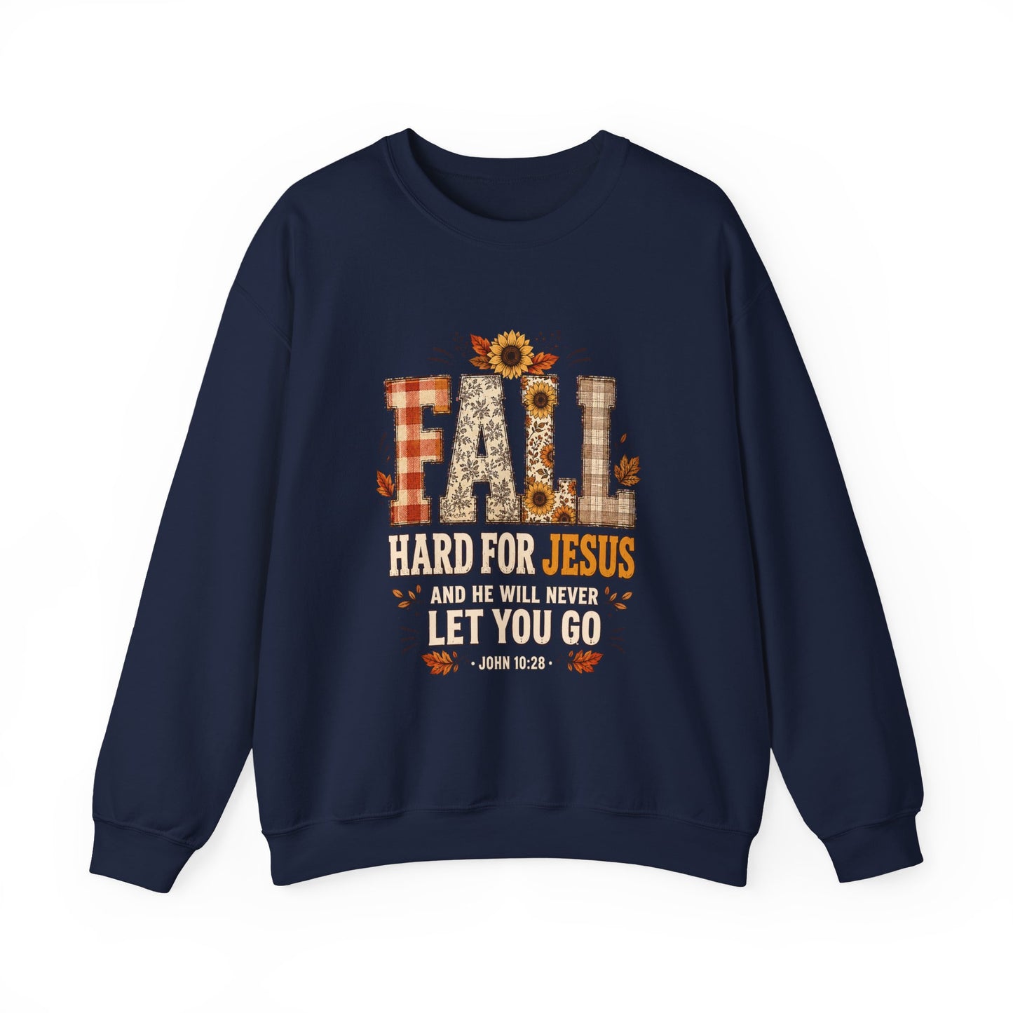 Fall Hard for Jesus Crewneck Sweatshirt — Christian Autumn Pullover with Sunflower & Leaf Design