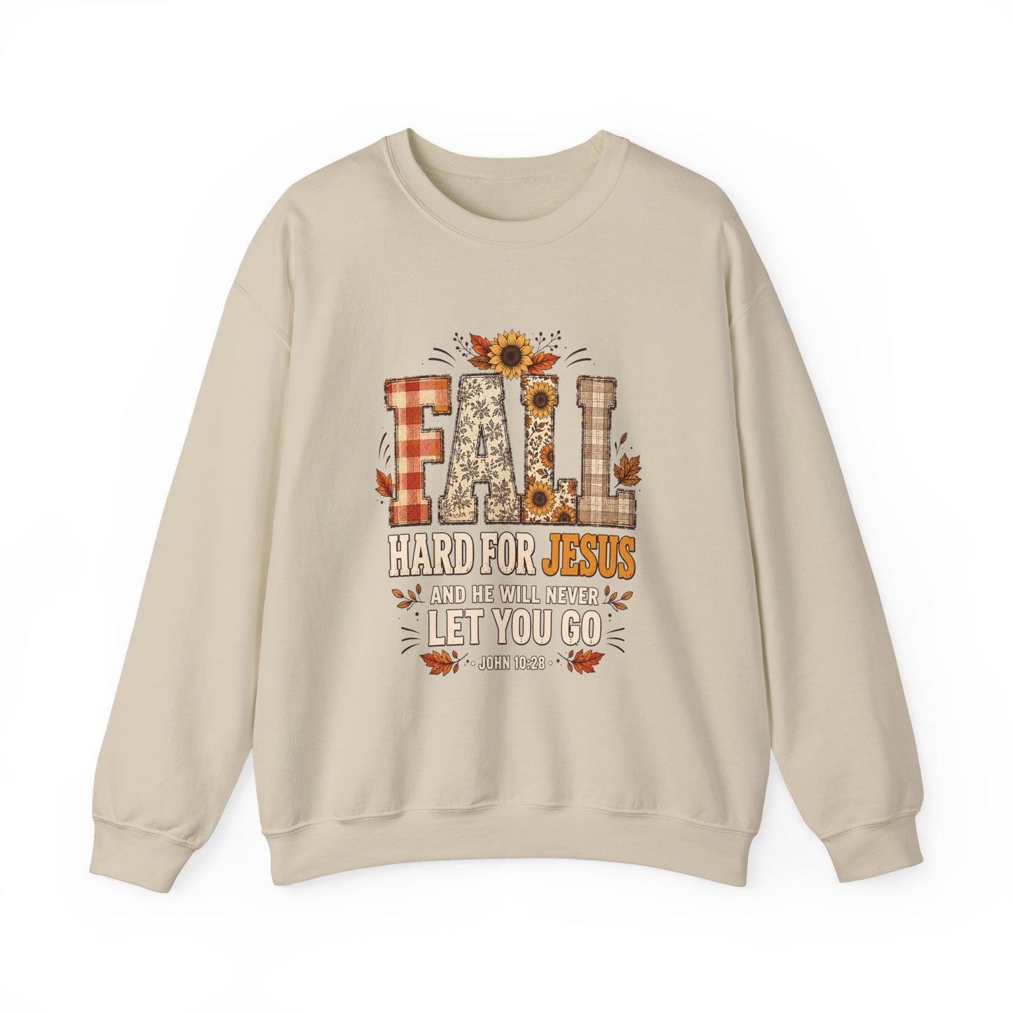 Fall Hard for Jesus Crewneck Sweatshirt — Christian Autumn Pullover with Sunflower & Leaf Design