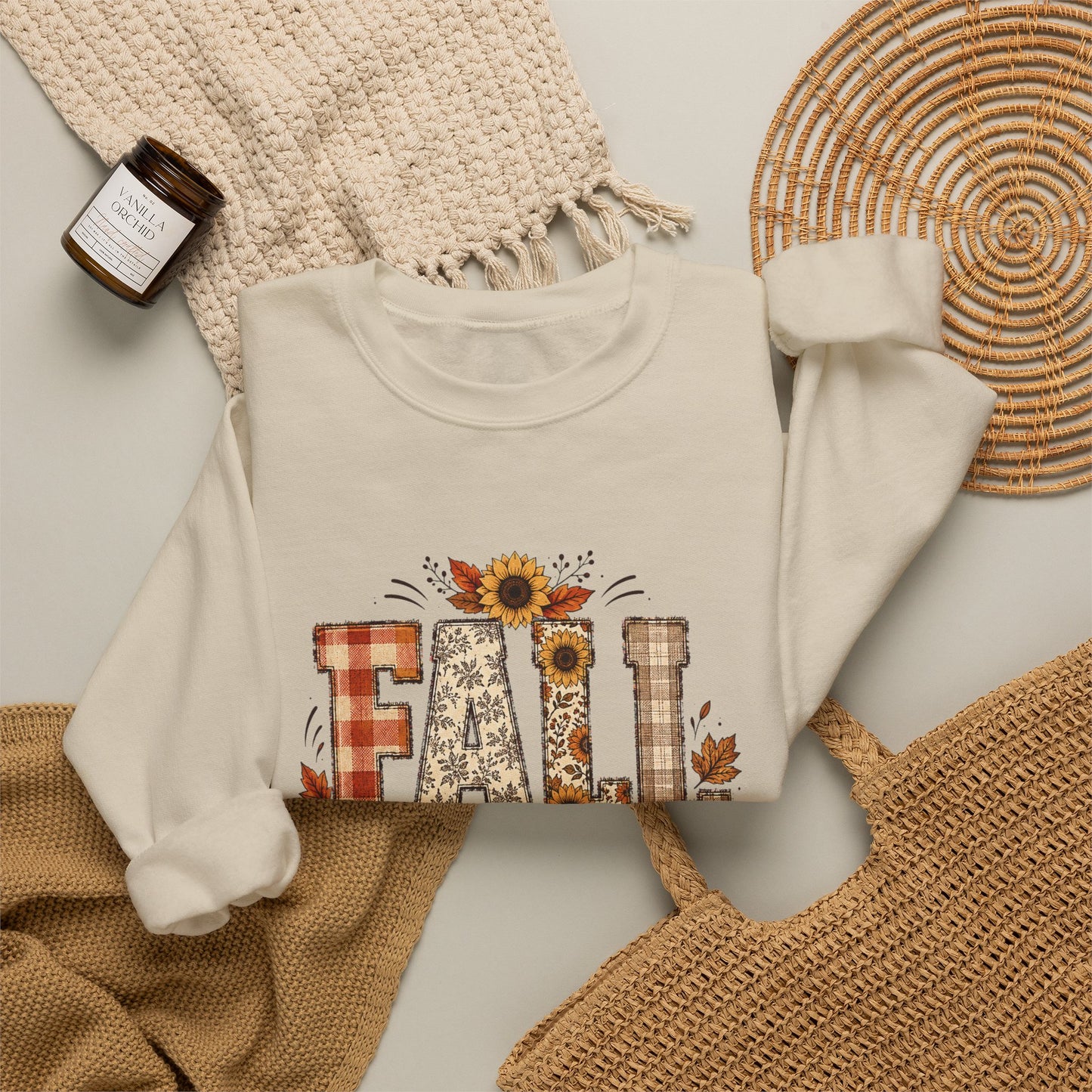 Fall Hard for Jesus Crewneck Sweatshirt — Christian Autumn Pullover with Sunflower & Leaf Design