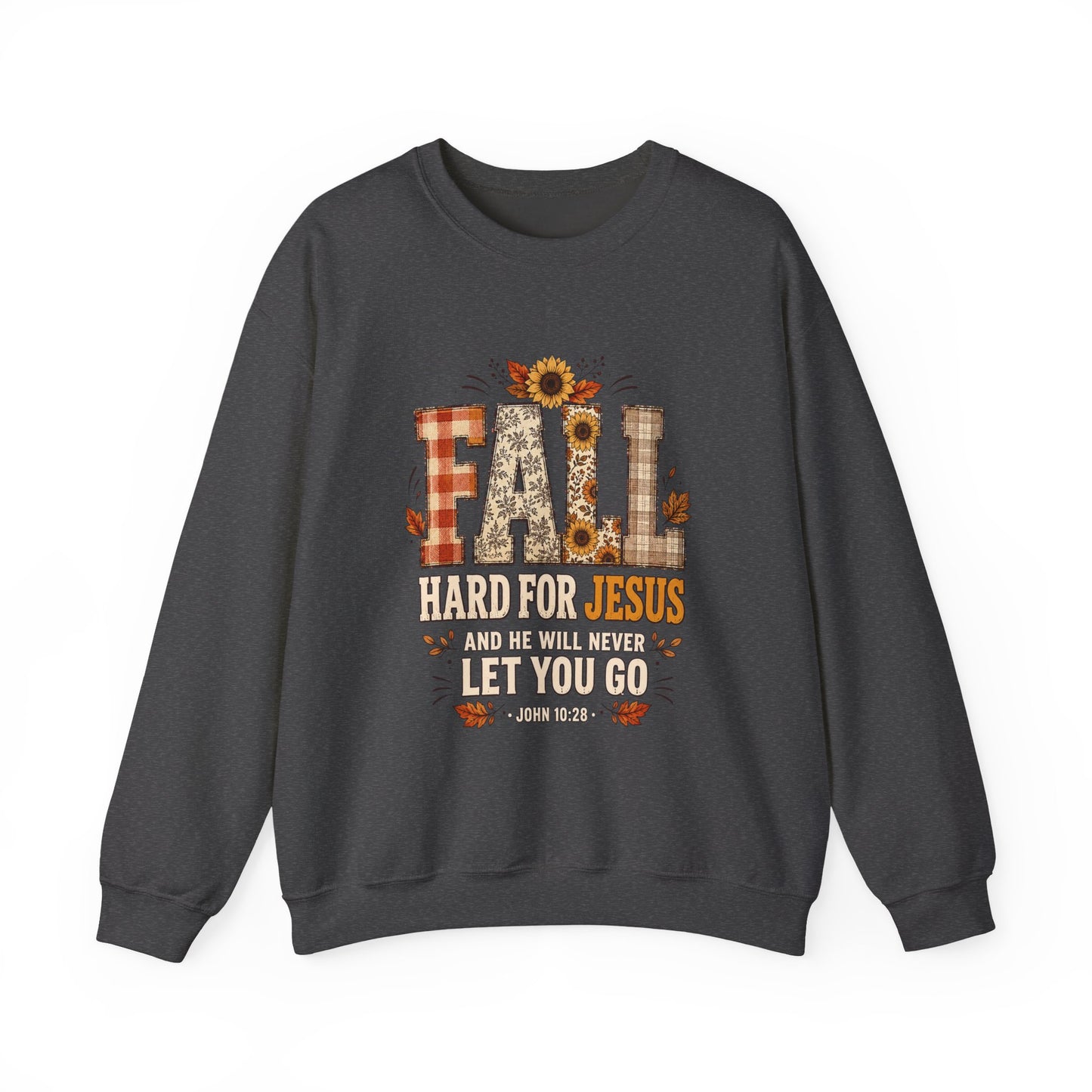 Fall Hard for Jesus Crewneck Sweatshirt — Christian Autumn Pullover with Sunflower & Leaf Design