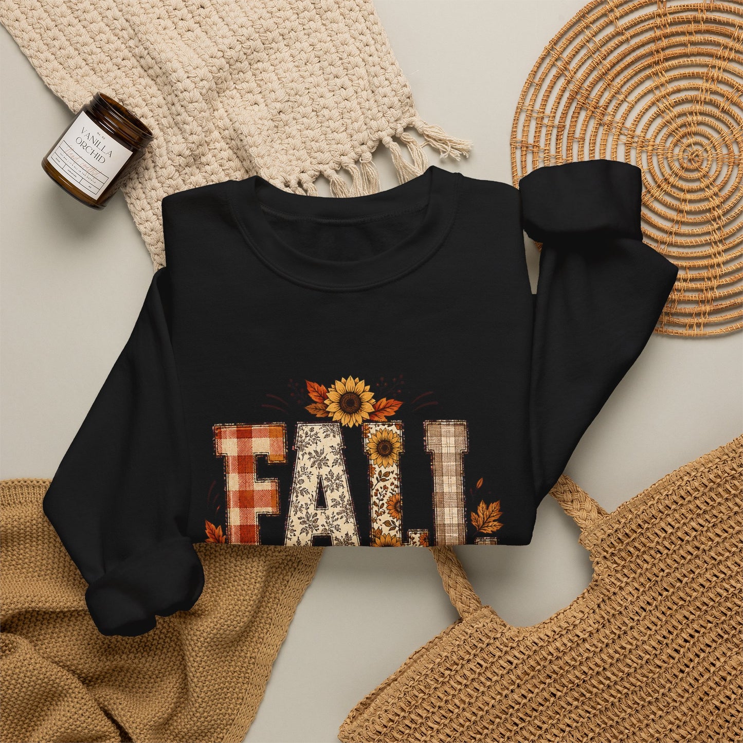 Fall Hard for Jesus Crewneck Sweatshirt — Christian Autumn Pullover with Sunflower & Leaf Design