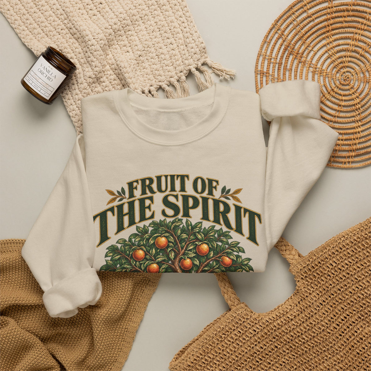 Fruit of the Spirit Crewneck Sweatshirt — Christian Faith Tree Graphic