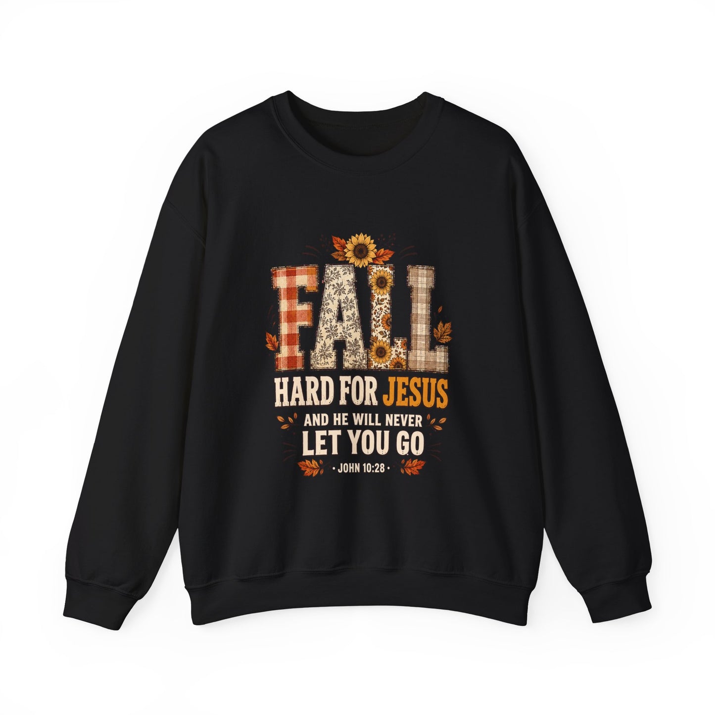 Fall Hard for Jesus Crewneck Sweatshirt — Christian Autumn Pullover with Sunflower & Leaf Design