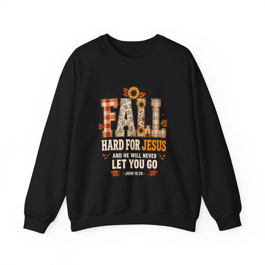 Fall Hard for Jesus Crewneck Sweatshirt — Christian Autumn Pullover with Sunflower & Leaf Design
