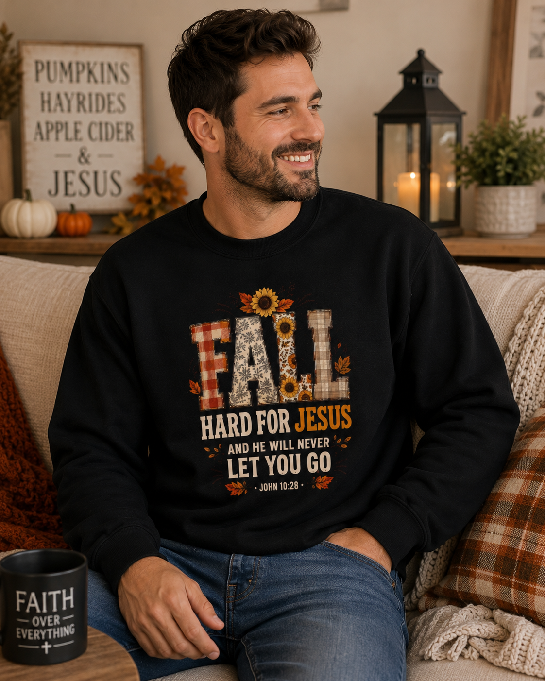Fall Hard for Jesus Crewneck Sweatshirt — Christian Autumn Pullover with Sunflower & Leaf Design