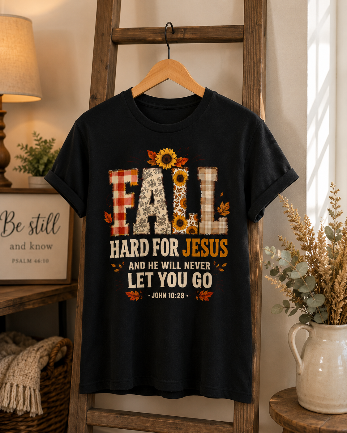 Fall Hard for Jesus Tee — Faith-Based Autumn Christian Shirt with Sunflowers & Scripture
