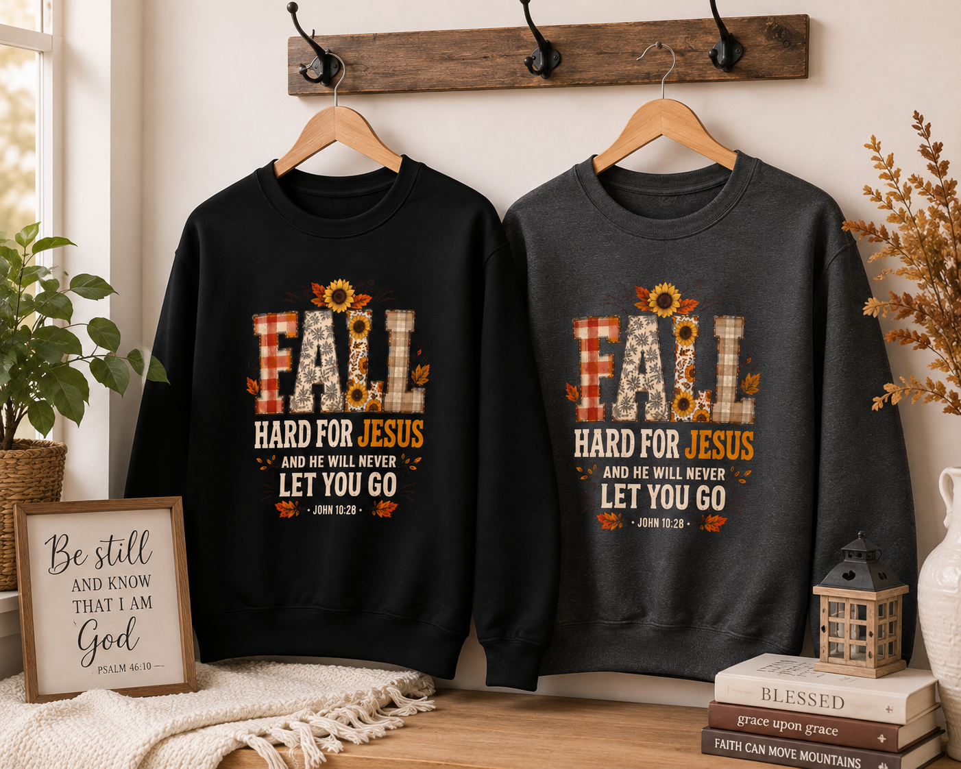 Fall Hard for Jesus Crewneck Sweatshirt — Christian Autumn Pullover with Sunflower & Leaf Design
