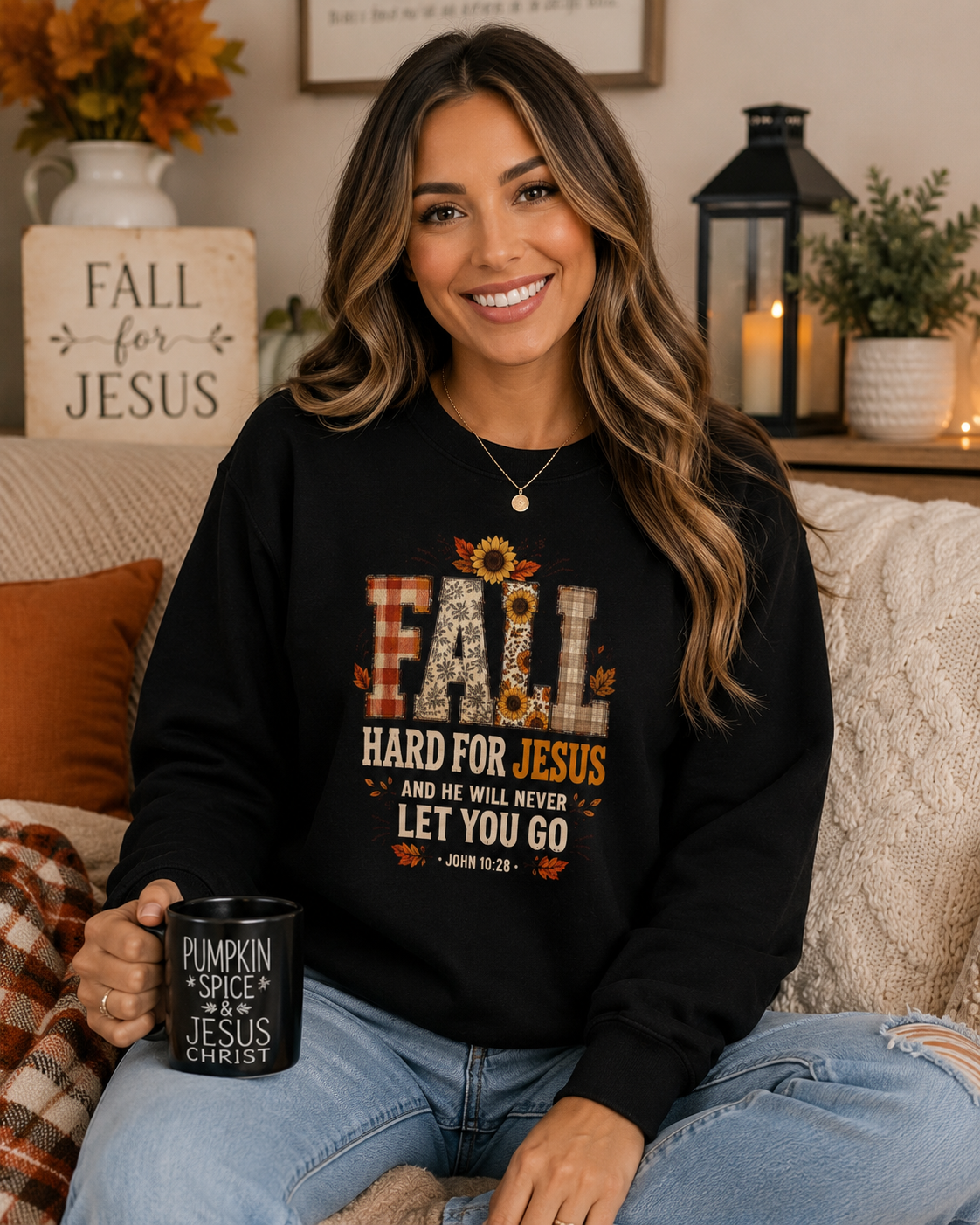 Fall Hard for Jesus Crewneck Sweatshirt — Christian Autumn Pullover with Sunflower & Leaf Design