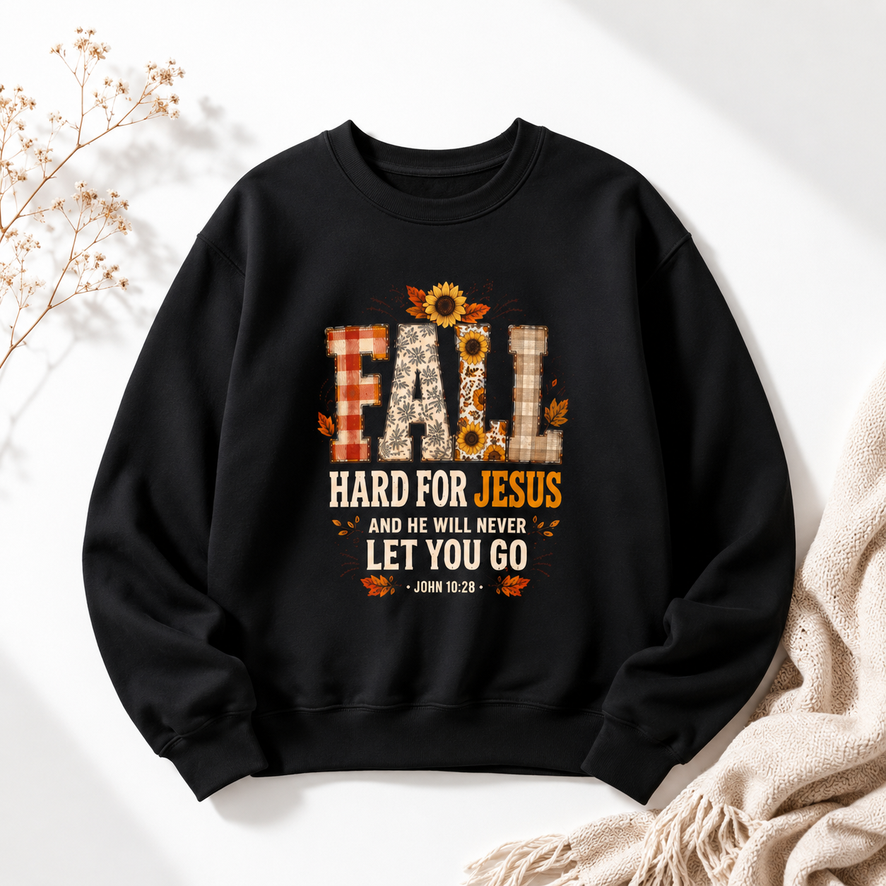 Fall Hard for Jesus Crewneck Sweatshirt — Christian Autumn Pullover with Sunflower & Leaf Design