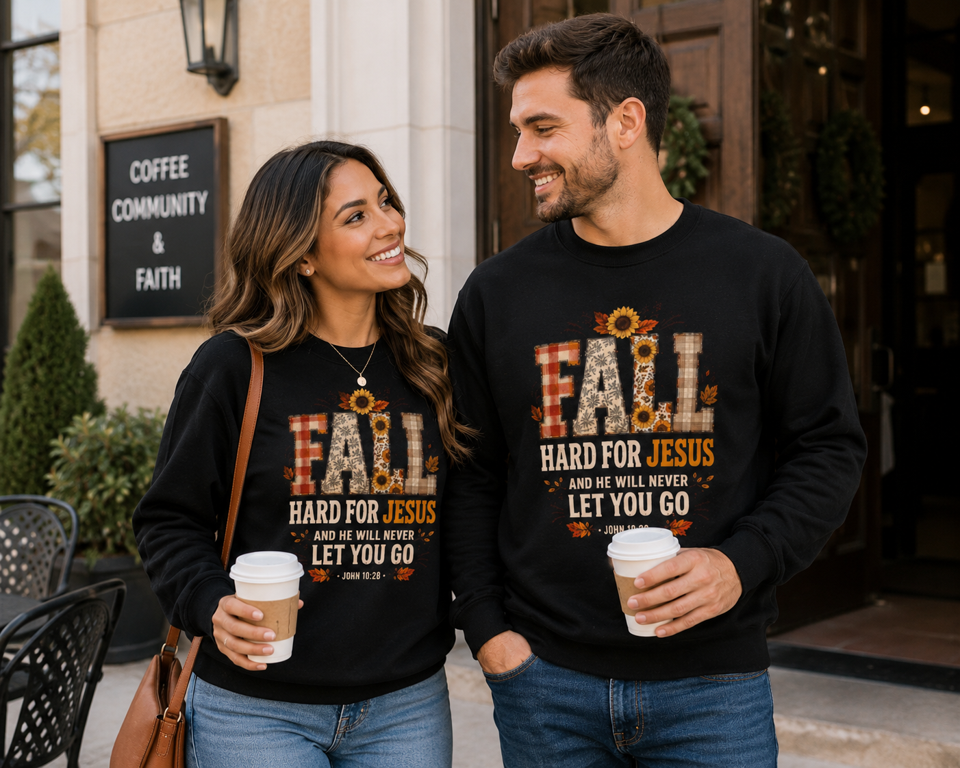 Fall Hard for Jesus Crewneck Sweatshirt — Christian Autumn Pullover with Sunflower & Leaf Design