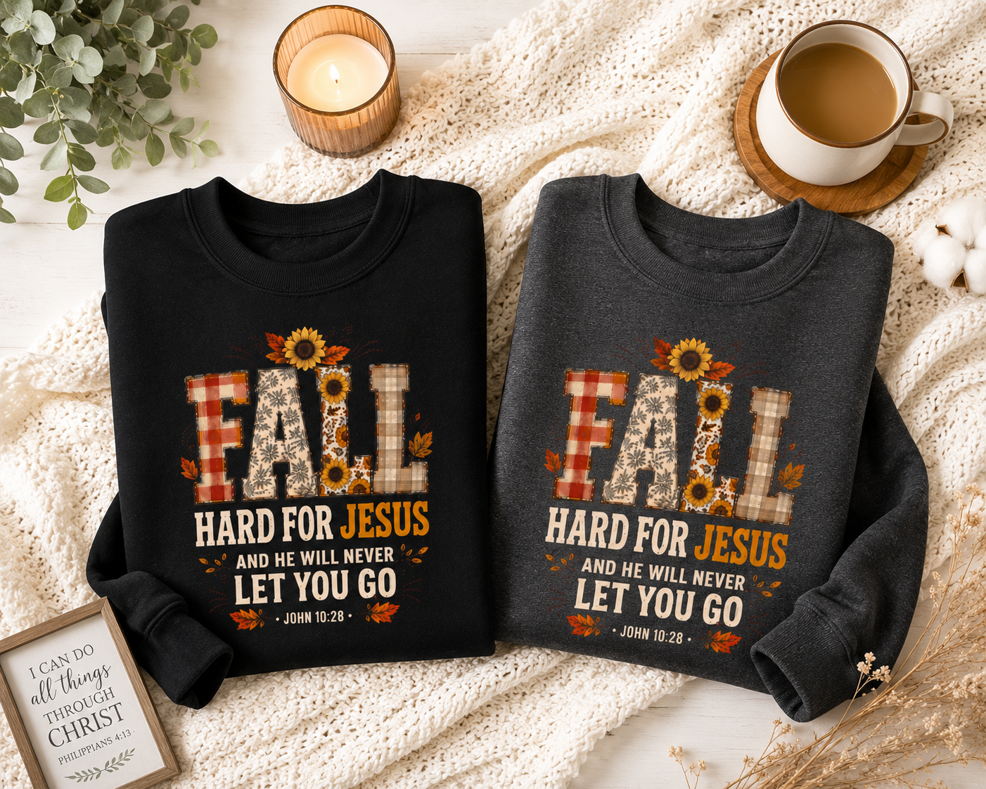 Fall Hard for Jesus Crewneck Sweatshirt — Christian Autumn Pullover with Sunflower & Leaf Design